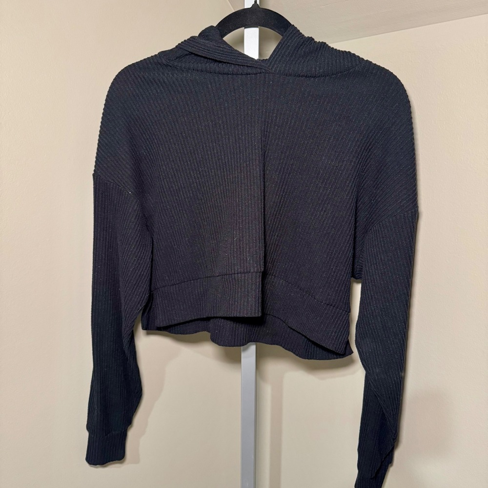 Alo Yoga Womens Black Ribbed Cropped Long Sleeve Hoodie Sweatshirt XS